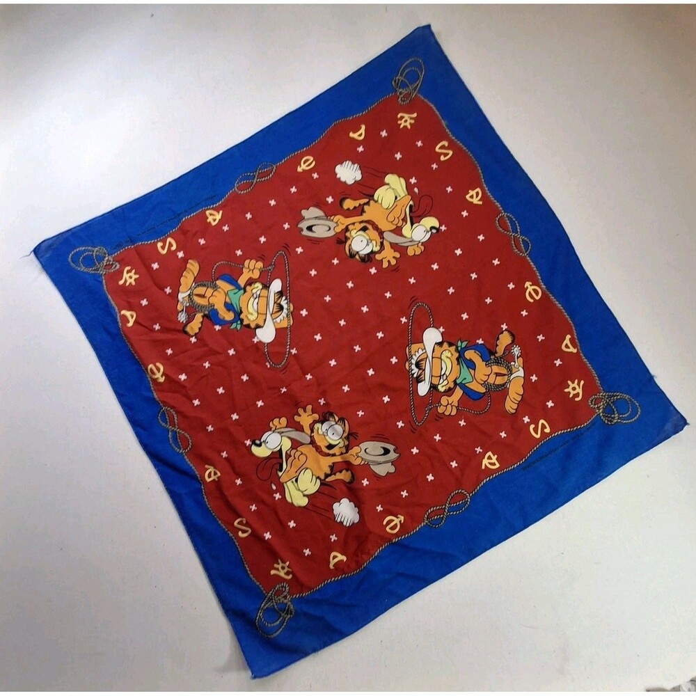 Vintage 70s Garfield Bandana 1978 Cowboy Western Handkerchief Blue Red 20x20